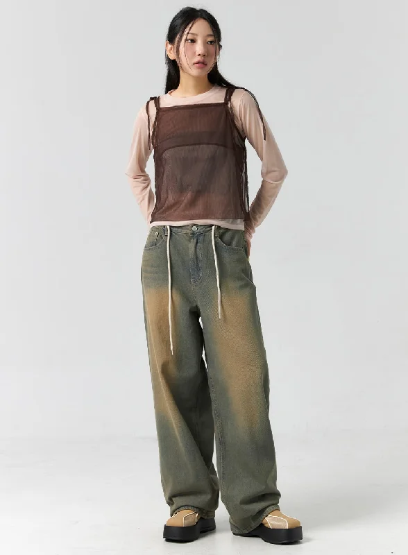 String Washed Wide Leg Jeans CS302