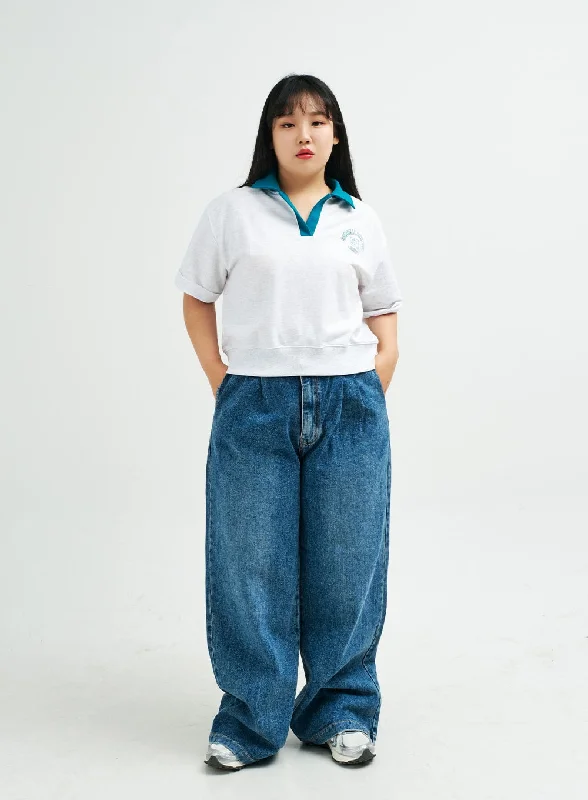 Plus Pintuck Wide Leg Denim Pants IY24