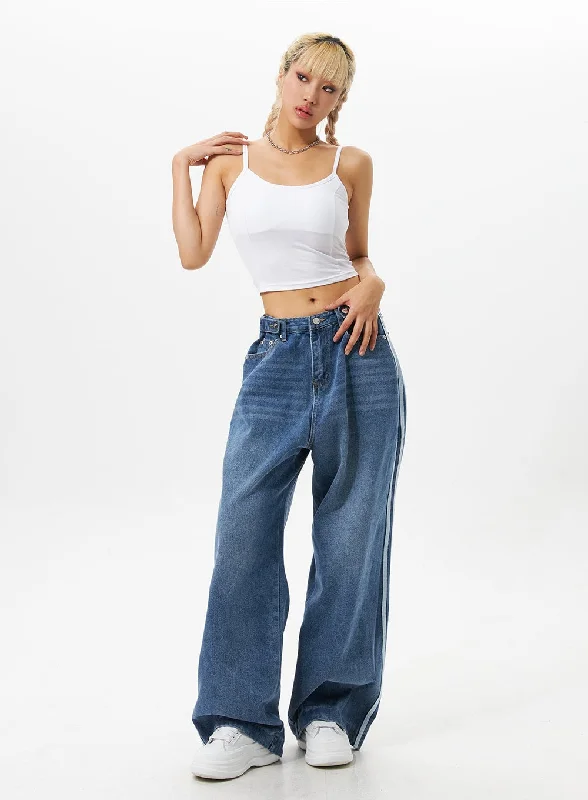 Side Stripe Wash Wide Leg Jeans IO326