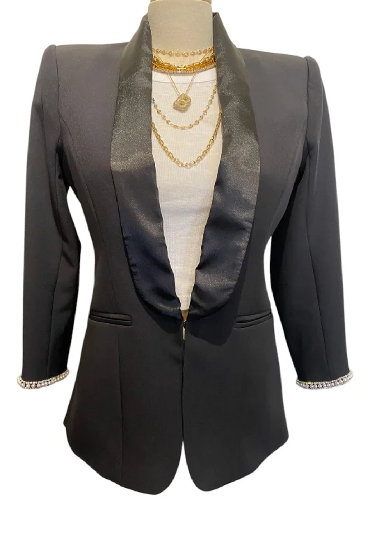 Argo Pearl Satin Combo Crepe Blazer - Black