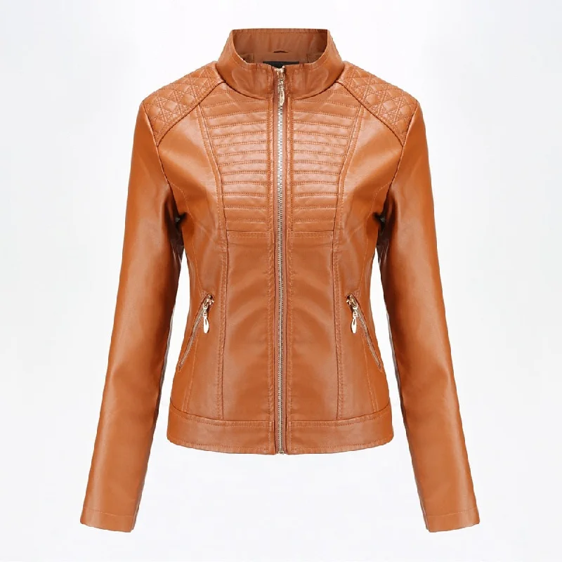 2019 Spring Autumn black leather jacket women biker jacket leather coat women Good Quality Womens PU faux leather  yellow Beige