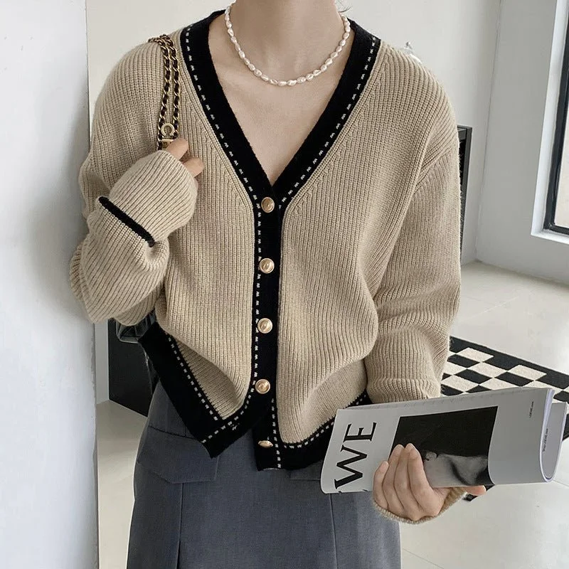 Korean style gentle lazy style loose V-neck slimming ribbed sweater jacket for women