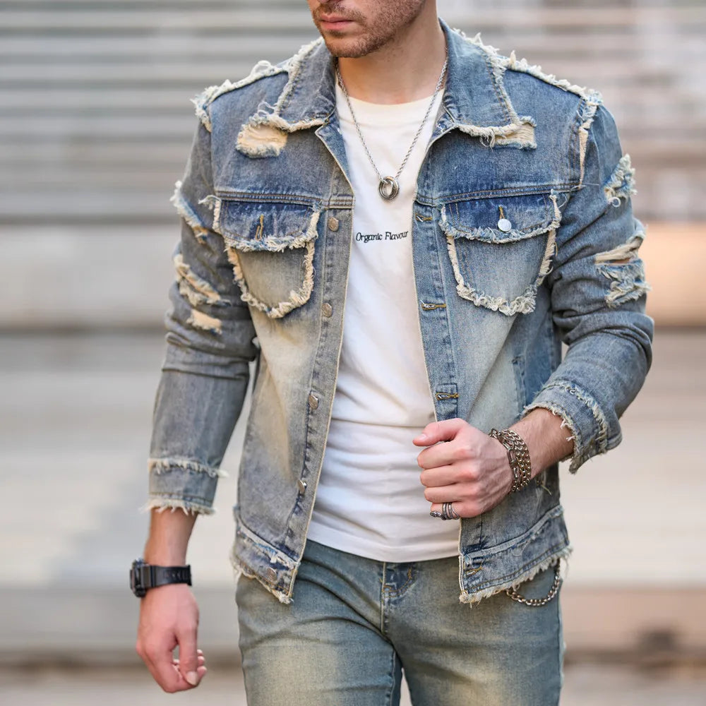 Cocoa Yacht Club Solid Ripped Slim Denim Jacket