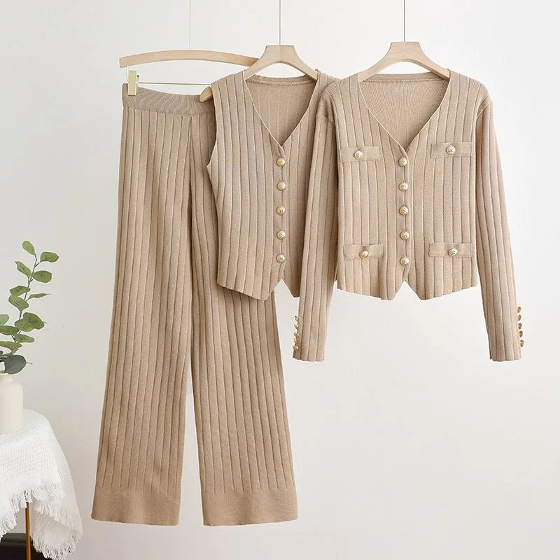 Korean style long-sleeved V-neck single-breasted knitted jacket three-piece vest high waist straight wide-leg pants