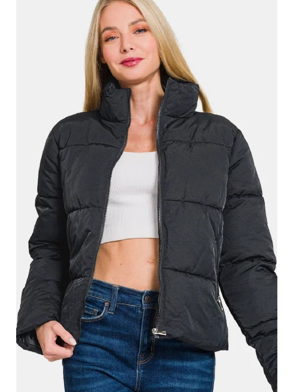 Zenana Zip Up Turtleneck Puffer Jacket with Pockets