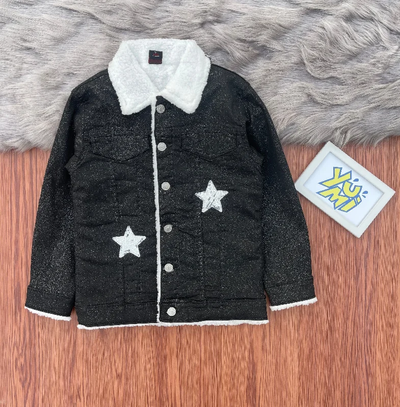 All That Glitters: Girls' Black Jacket with Sparkling Glitter & Luxe Fur Lining