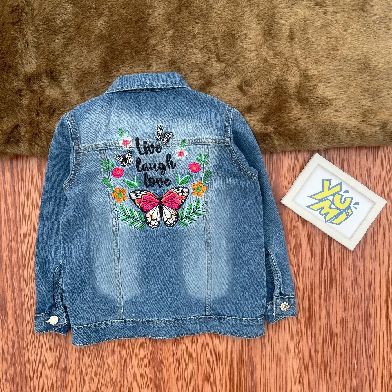 Girls' Denim Jacket with Butterfly & "Live Love Laugh" Embroidery