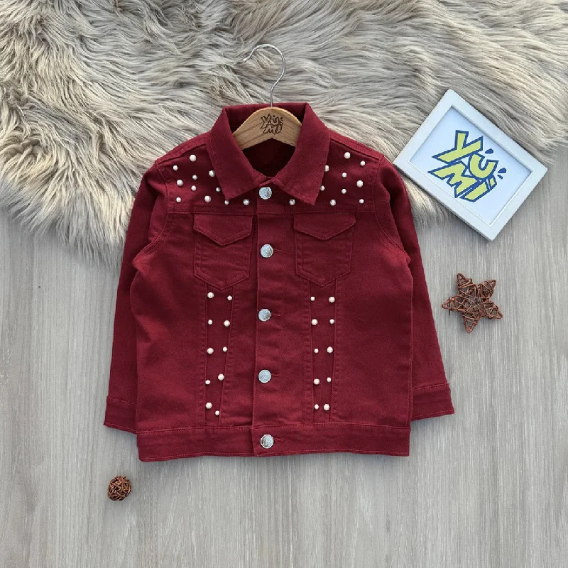 Girls' Maroon Denim Jacket with Pearl Accents