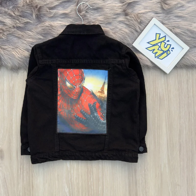 Kids' Black Denim Jacket with Bold Spiderman Print