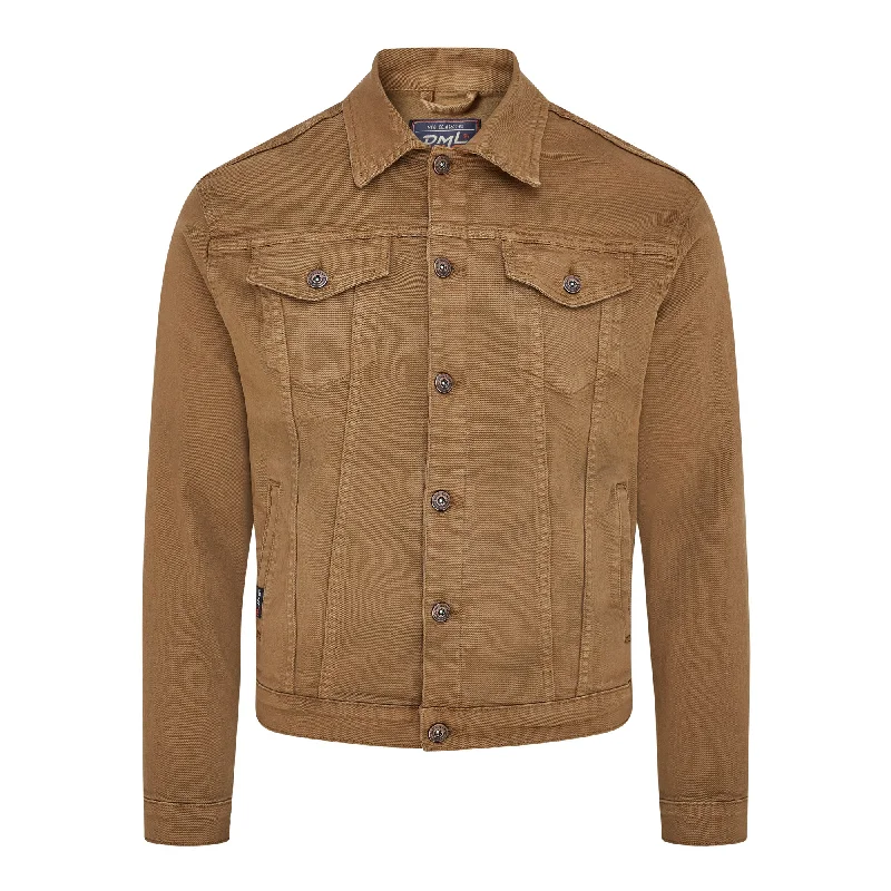 Pendle mens twill trucker jacket with comfort stretch in Dark Tan