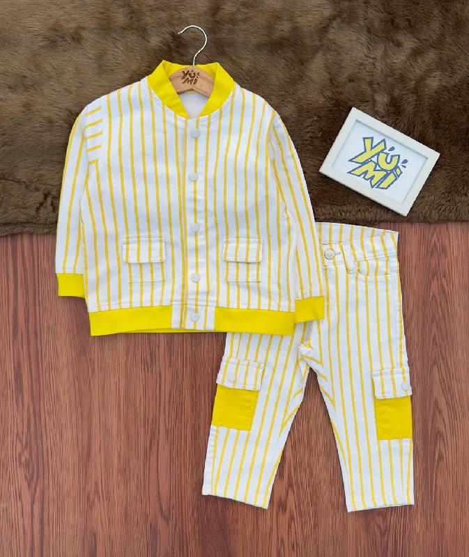 Stylish Yellow Striped Kids Jacket & Cargo Pants Set